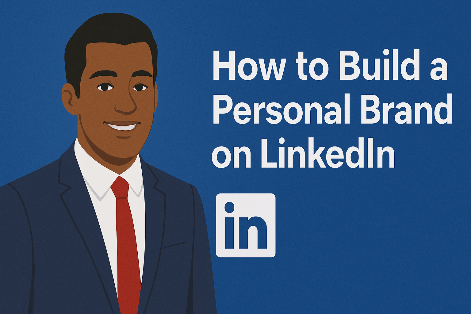 A digital illustration shows a professional African-American man in a navy suit, white shirt, and red tie, smiling confidently and positioned on the left side. On the right, bold white text reads "How to Build a Personal Brand on LinkedIn," with the LinkedIn logo beneath the text, all set against a textured dark blue background.
