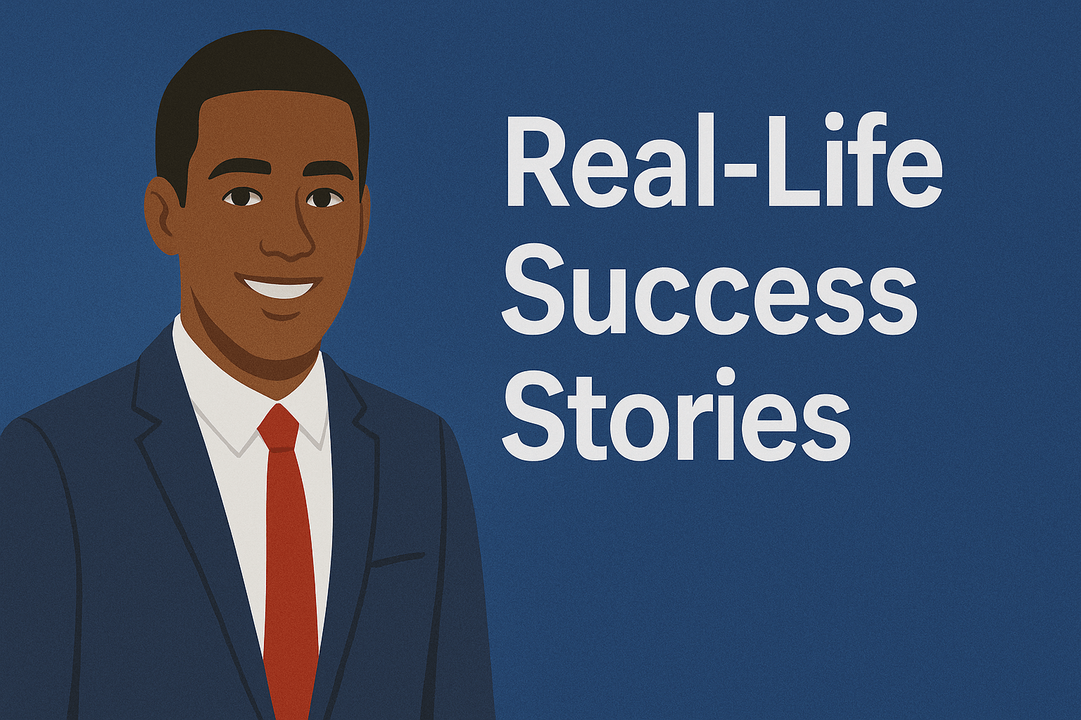 A digital illustration features a professional African-American man in a navy-blue suit, white shirt, and red tie, smiling confidently and positioned on the left side. On the right side, bold white text reads "Real-Life Success Stories" against a textured deep blue background.