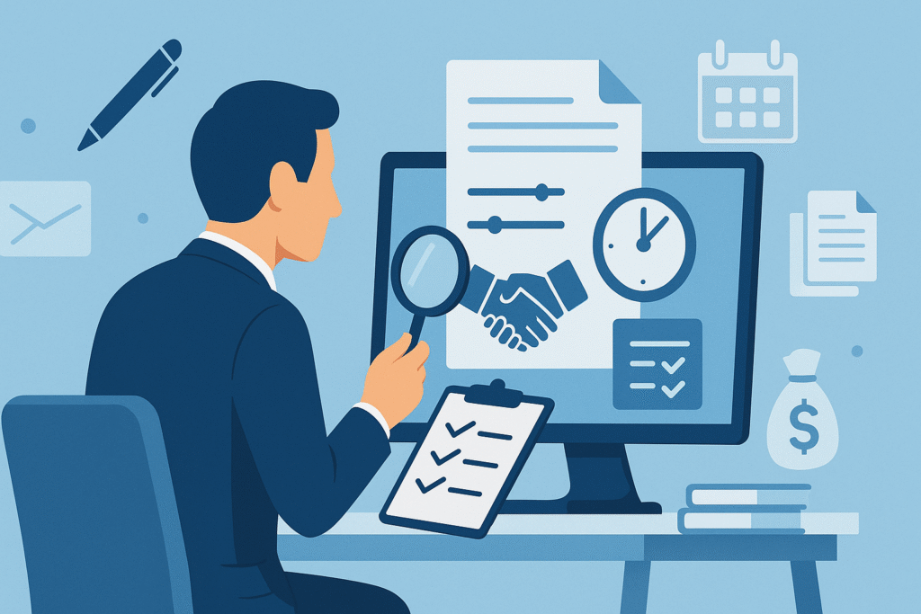 A flat-style digital illustration of a business professional in a navy suit seated at a desk, holding a magnifying glass in one hand and a clipboard with checkmarks in the other, as he examines a computer monitor displaying a large contract document with adjustable sliders, a handshake icon, and a clock symbol for flexible timelines; floating around him on a light blue background are additional icons including a calendar, pen, stacked documents, and a money bag.