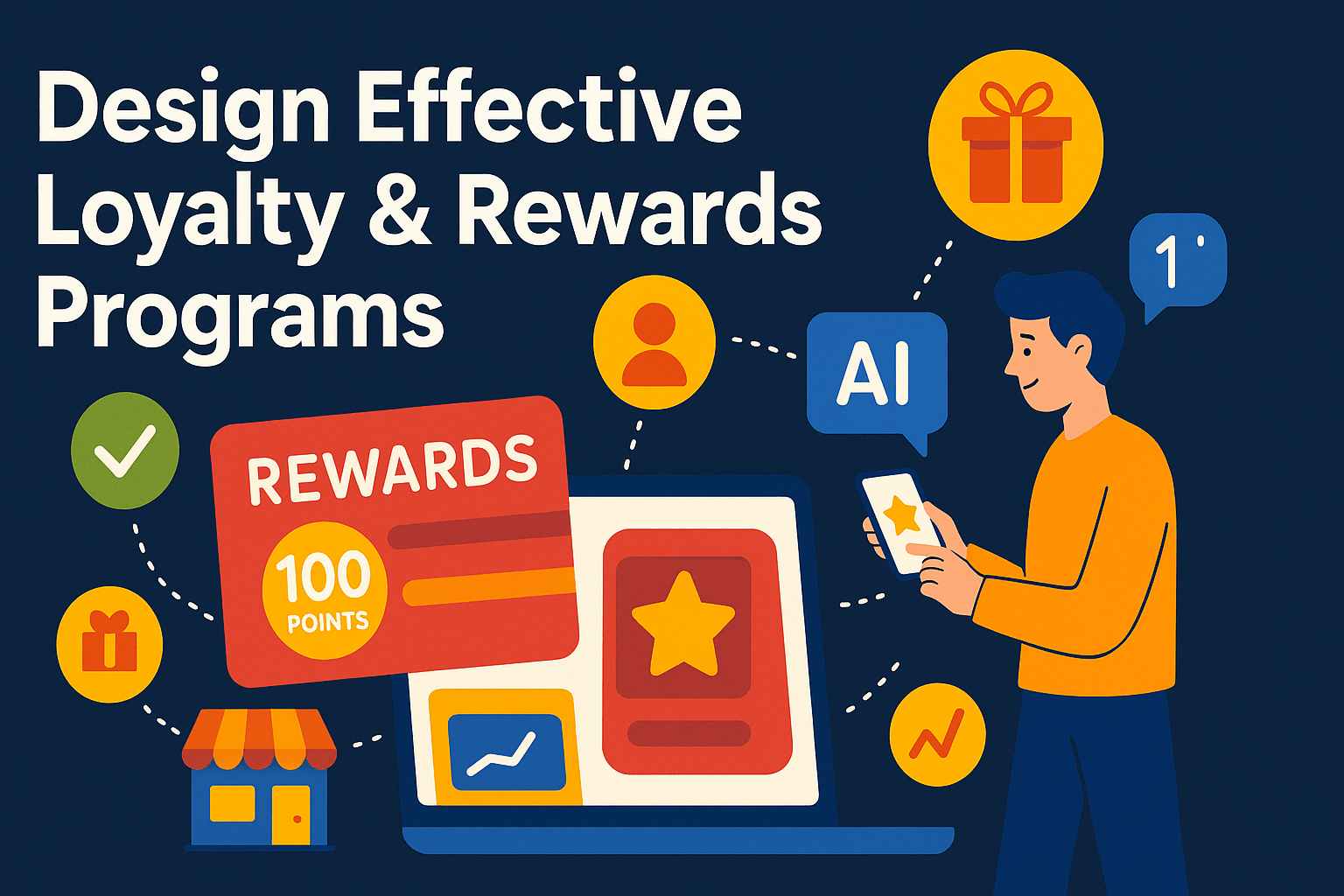 A dark-blue background with large white text at the top reading “Design Effective Loyalty & Rewards Programs.” Below the text and slightly left, a red rewards card marked “100 POINTS” overlaps the left side of an open laptop screen, which shows a red badge with a yellow star and a small yellow chart icon. Beneath these, a small blue and orange storefront icon appears. To the right, a person in an orange shirt holds a smartphone displaying a yellow star, with a blue speech bubble above reading “AI” and a smaller blue bubble showing “1” notification. Surrounding these central elements are dotted white lines connecting circular icons: a green checkmark on the left, a yellow gift-wrapped box near the top right, an orange user avatar above the phone, and a yellow upward-trending chart at the bottom right, illustrating engagement and rewards flow.
