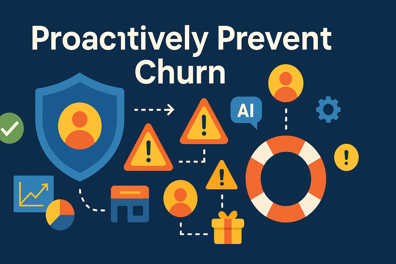 A deep blue background with large white text at the top reading “Proactively Prevent Churn.” Below are various icons connected by dotted white lines: on the left is a large blue shield containing a yellow circle with an orange user silhouette. To its right, three warning triangles with exclamation marks appear, connected by dashed arrows. Near them is a blue speech bubble with “AI.” Further right sits a large orange and white lifebuoy. Scattered around are circular icons: a green checkmark at far left, a yellow pie chart and a blue upward-trending graph at bottom left, an orange user avatar below the pie chart, a small blue storefront icon, a yellow gift box near the bottom center, another orange user avatar above the lifebuoy, a blue gear icon at top right, and a yellow exclamation circle at right—illustrating various elements of churn prevention.