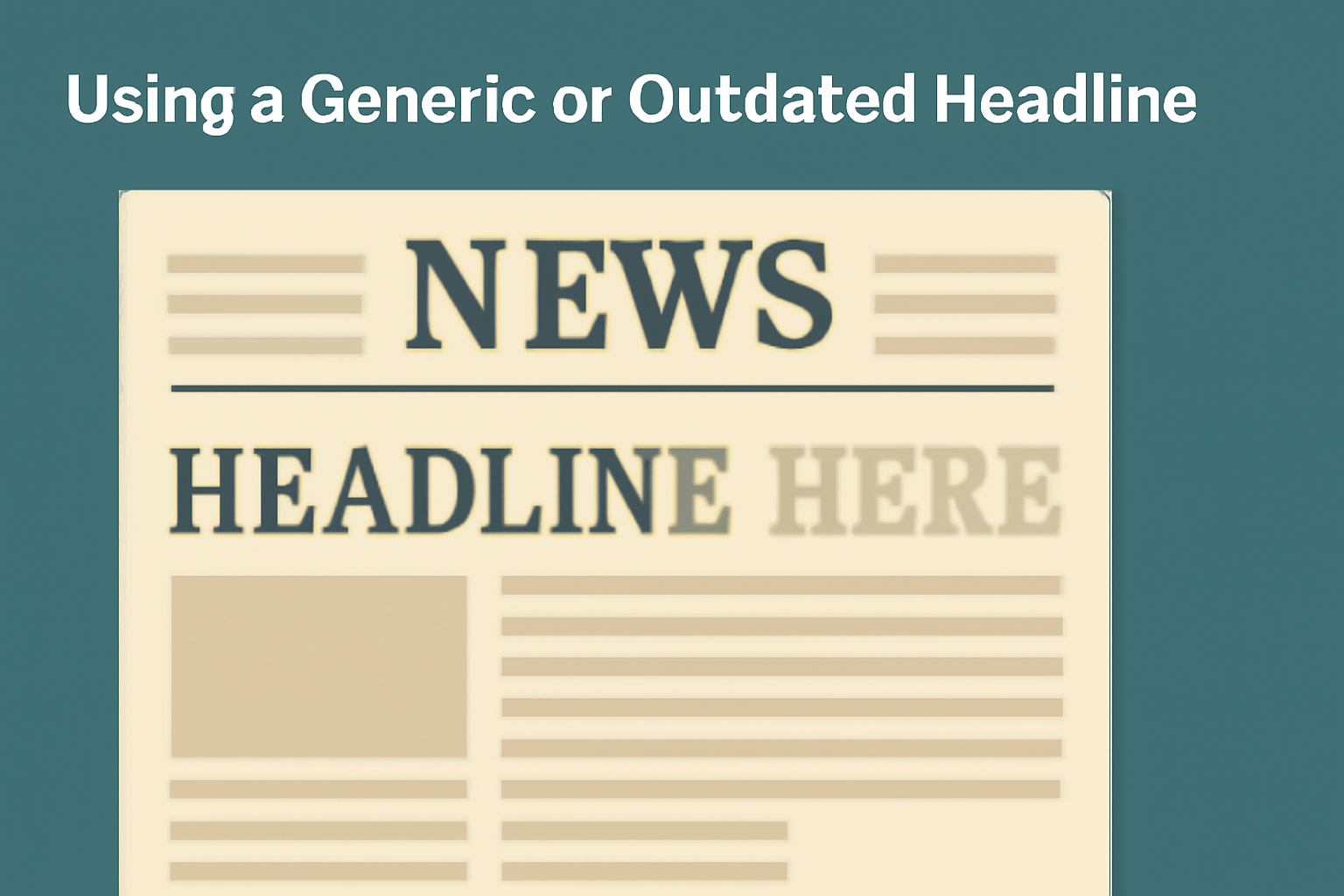 Flat-style illustration of a vintage newspaper on a dark teal background, with a bold ‘NEWS’ masthead and a blurred placeholder headline ‘HEADLINE HERE,’ emphasizing the concept of using generic or outdated headlines. The design features a worn, beige newspaper with classic serif typography and a minimalistic color scheme.