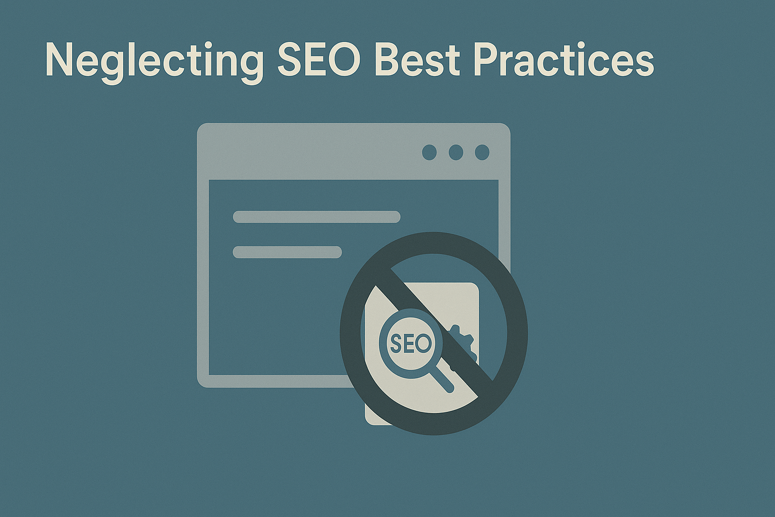 A minimalist illustration with the phrase 'Neglecting SEO Best Practices' in cream-colored text on a muted teal background. Below the text, a gray web page icon features a crossed-out SEO symbol, highlighting the consequences of ignoring SEO principles.