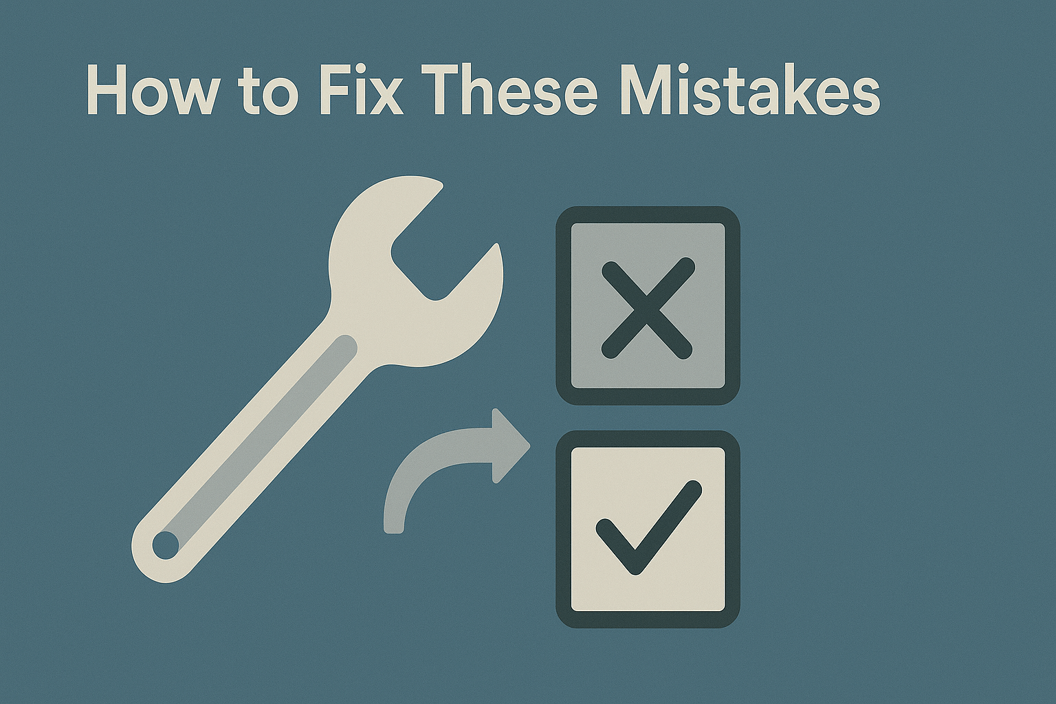A minimalist illustration showing the phrase "How to Fix These Mistakes" in cream-colored text on a muted teal background. Below the text, a cream-colored wrench is positioned diagonally with a gray "X" symbol and a checkmark icon separated by a curved gray arrow.