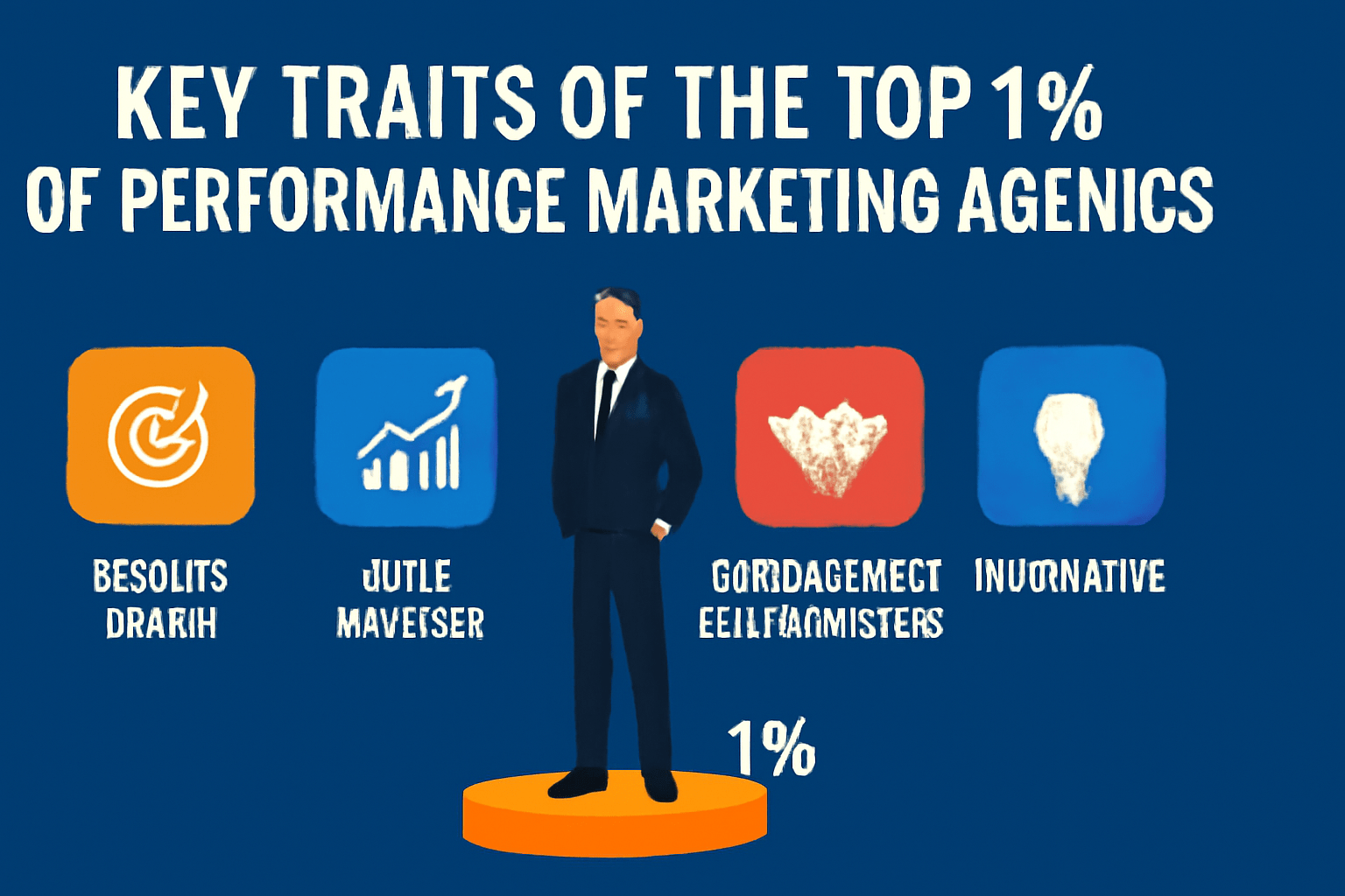 Infographic highlighting the key traits of the top 1% of performance marketing agencies. The design features a professional figure standing on a golden platform with four icons representing the traits: Results-Driven, Data-Focused, Strong Client Relationships, and Innovative. Each trait is labeled beneath its corresponding icon, set against a navy-blue background with bold white text at the top.
