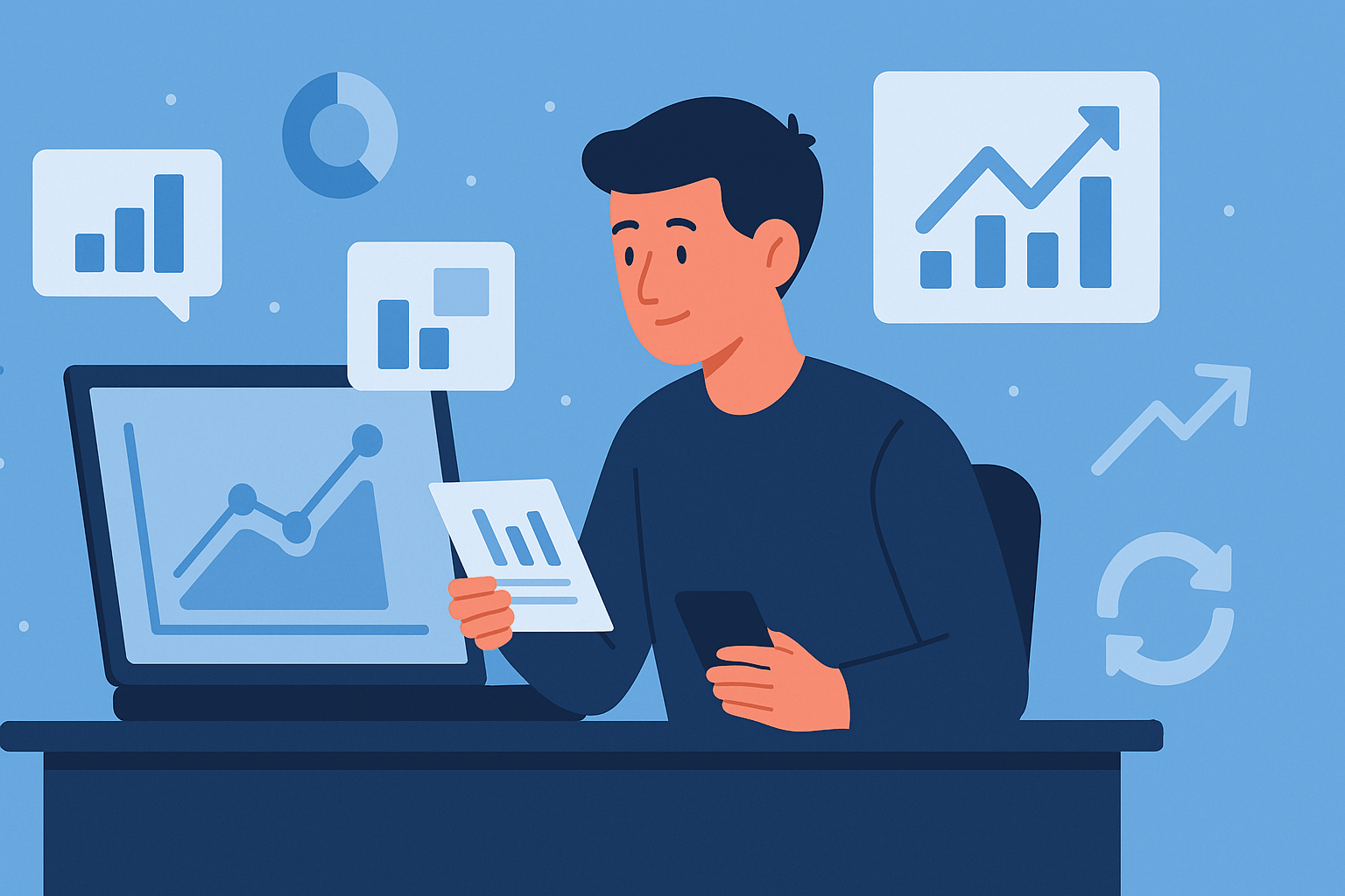 Flat-style illustration of a person at a desk reviewing analytics on a laptop and holding a bar graph printout, surrounded by icons like line graphs, pie charts, upward arrows, and a refresh symbol, symbolizing using analytics to iterate quickly.