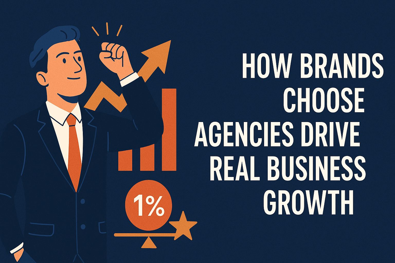 Illustration of a businessman in a suit raising his fist confidently beside a rising bar chart and upward arrow, with a '1%' icon and star below. Bold text on the right reads 'HOW BRANDS CHOOSE AGENCIES DRIVE REAL BUSINESS GROWTH' on a dark blue background.