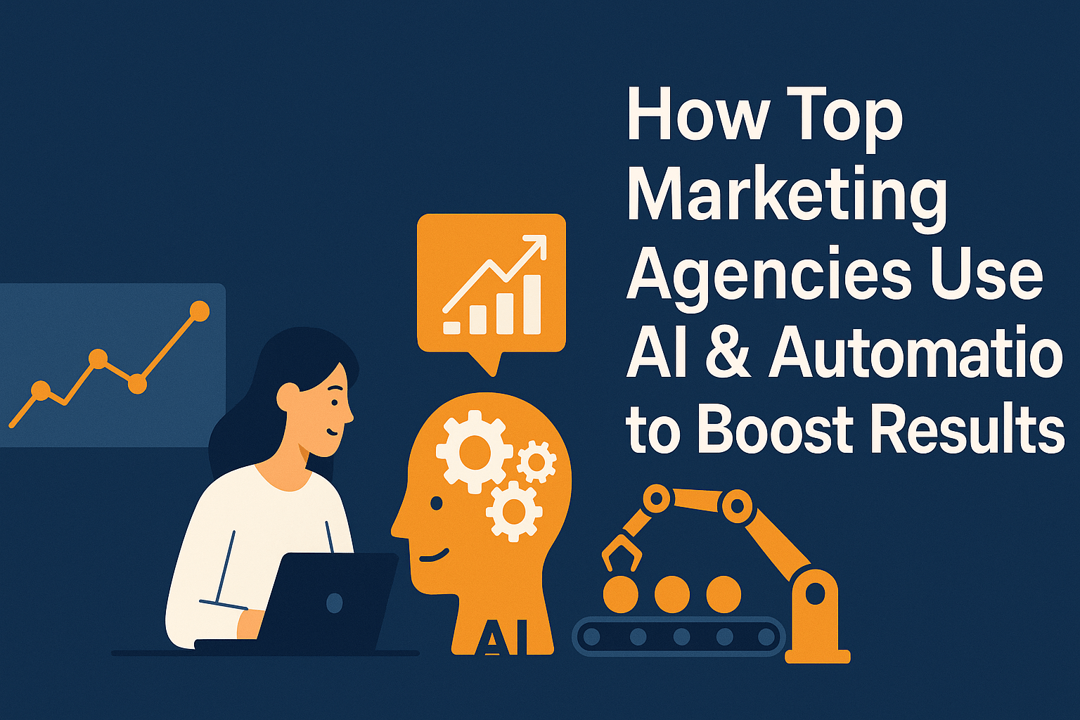 Digital illustration showing a marketer using a laptop, surrounded by AI and automation icons like a robotic arm, data charts, and a human head with gears. The blog title 'How Top Marketing Agencies Use AI & Automation to Boost Results' appears on the right side in bold white text on a dark blue background.