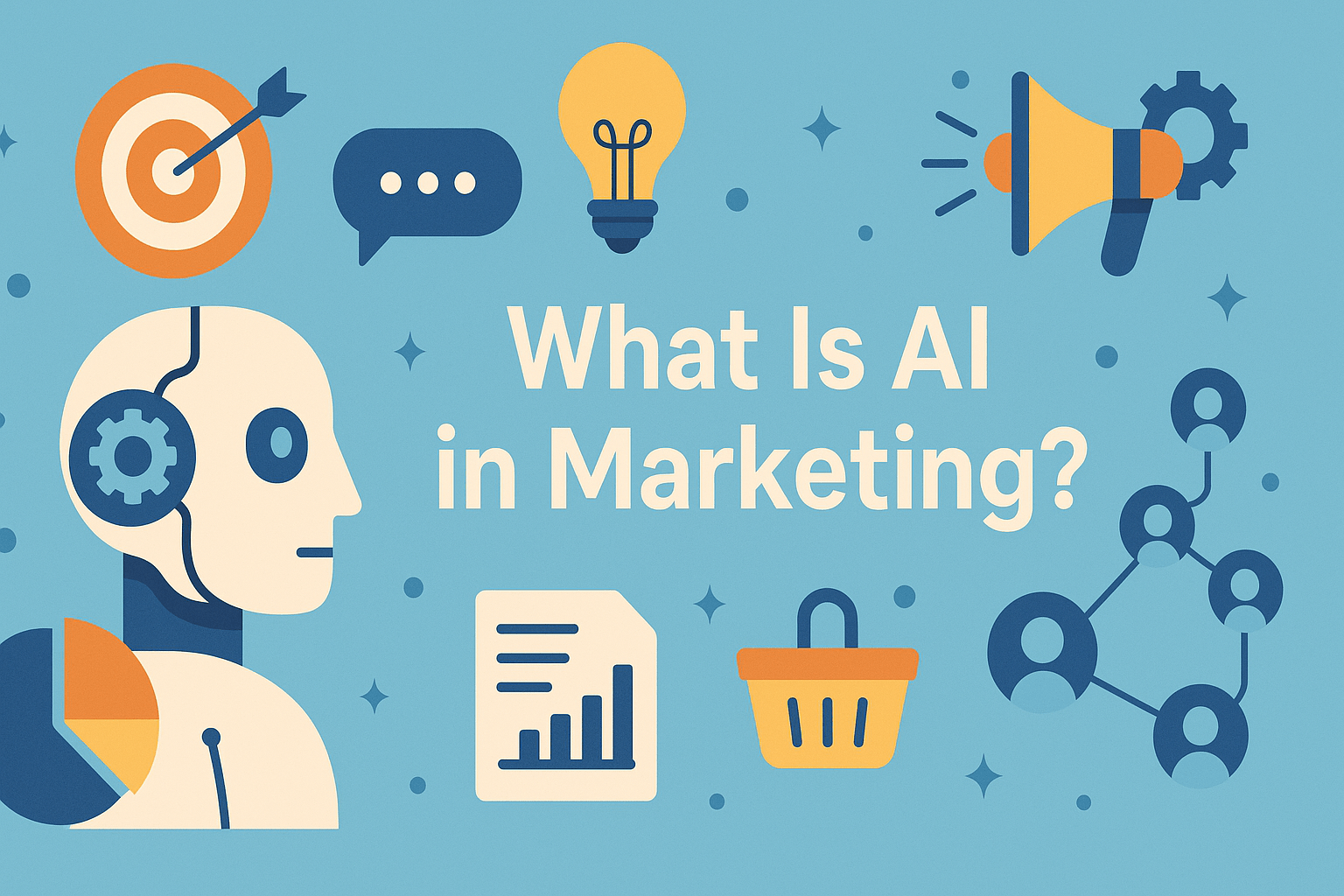 A 16:9 flat-design illustration on a soft blue background. At the center, in large white letters, is the question “What Is AI in Marketing?”. Surrounding the text are various marketing and AI-related icons:
Top left: an orange-and-white bullseye target with an arrow.
Top center: a dark blue speech bubble with three white dots.
Top right: a yellow light bulb icon.
Upper right corner: a yellow-and-blue megaphone with a blue gear partially behind it.
Bottom left: a stylized robot head in profile, showing a blue gear on the temple and a half pie-chart graphic on its shoulder.
Lower center: a white document icon with a blue bar graph.
Below the text, slightly to the right: a yellow shopping basket with blue details.
Bottom right: a network of dark blue connected user-icon circles.
Scattered throughout are small decorative stars, circles, and lines in darker and lighter blue shades.