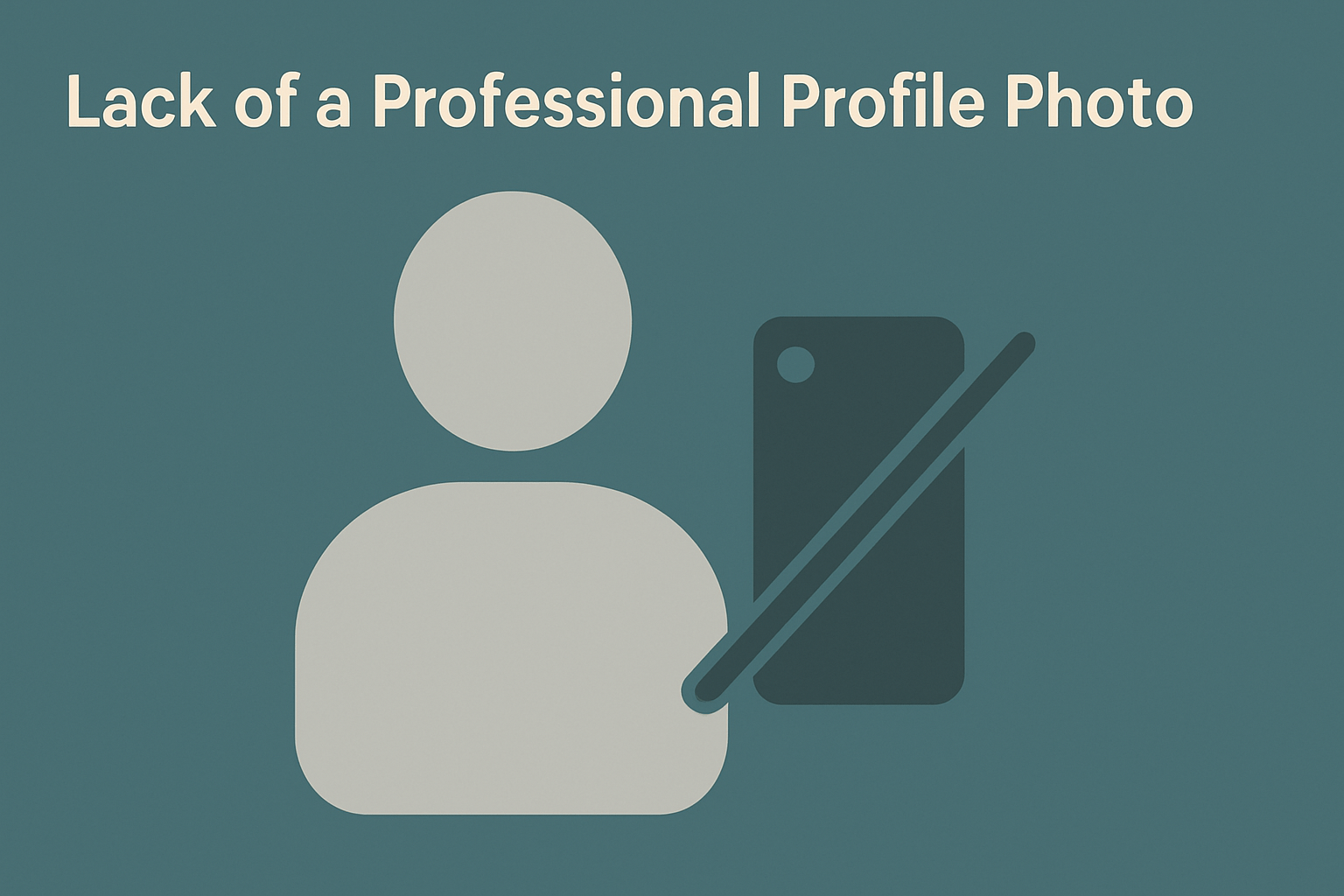 A minimalist illustration on a teal background showing the heading ‘Lack of a Professional Profile Photo’ above a simple gray user silhouette alongside a dark teal smartphone camera icon crossed out by a diagonal line.