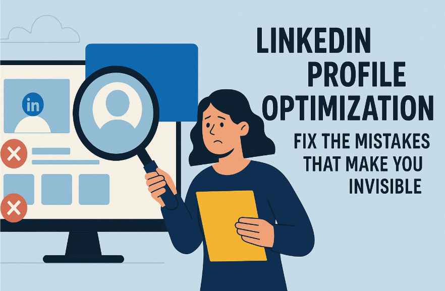 Illustration showing a woman examining a LinkedIn profile on a computer screen with a magnifying glass. The screen displays profile sections with red "X" icons indicating mistakes. On the right side, bold text reads: "LinkedIn Profile Optimization: Fix the Mistakes That Make You Invisible." The background is light blue with minimal cloud icons.