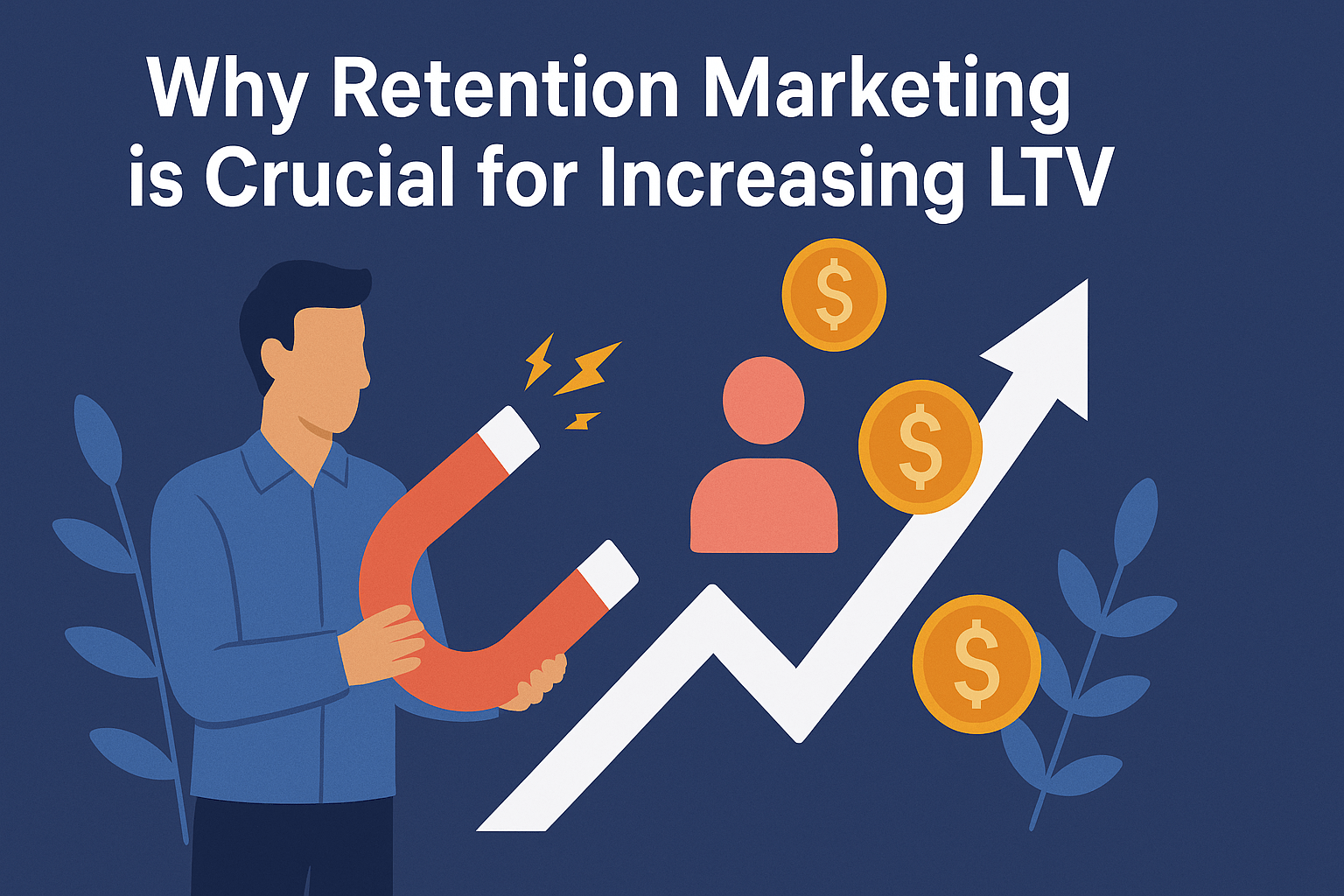 Flat design illustration with a business professional holding a magnet, attracting a pink silhouette and floating dollar signs. The scene symbolizes the importance of retention marketing in increasing lifetime value (LTV), with an upward arrow representing growth.
