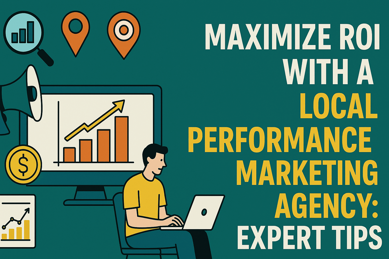 Blog header image for the topic 'Maximize ROI with a Local Performance Marketing Agency: Expert Tips.' The image features a teal background with a man working on a laptop, surrounded by icons representing data analysis, growth, and marketing. The text is positioned on the right side, highlighting key messages in bold, contrasting colors.