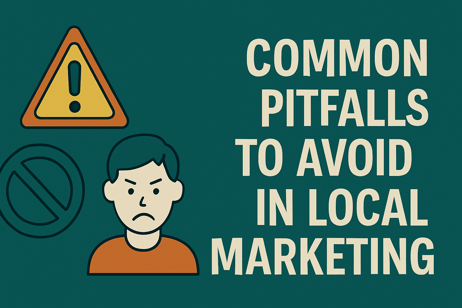 Blog header image for the topic 'Common Pitfalls to Avoid in Local Marketing.' The image features bold, cream-colored text on the right side with the headline. On the left, three flat design icons are arranged diagonally: a warning triangle, a 'no' symbol, and a displeased person, all set against a teal background.