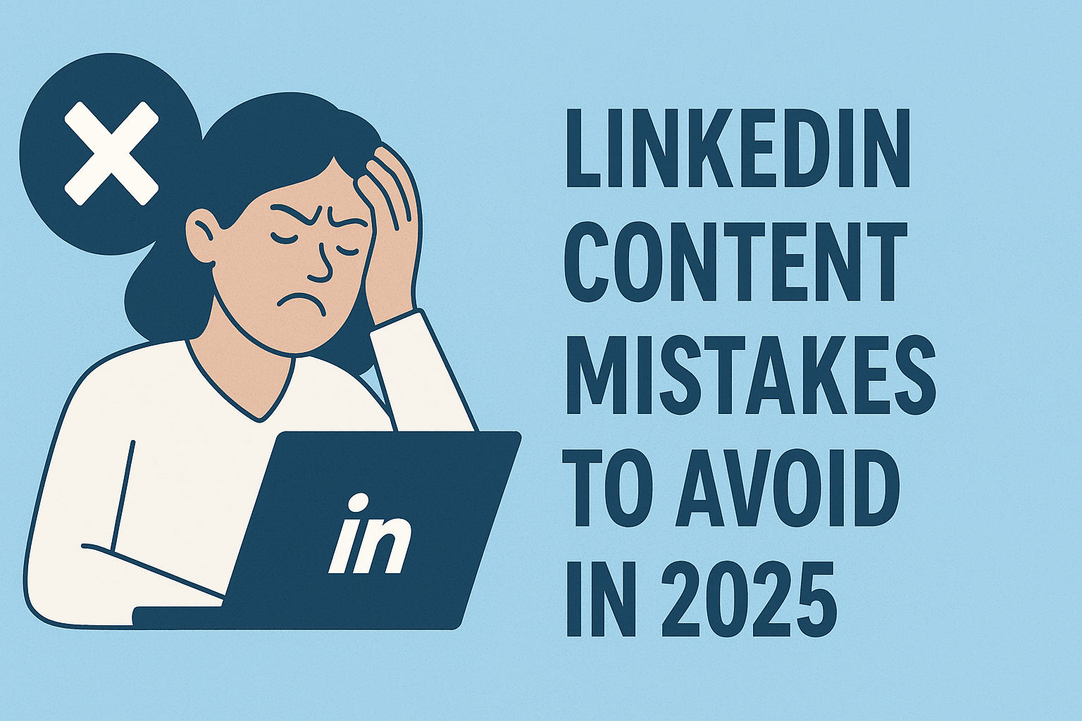 Illustration of a frustrated woman holding her head while looking at a laptop with the LinkedIn logo. A large "X" symbol appears above her, indicating a mistake. On the right side, bold text reads: "LinkedIn Content Mistakes to Avoid in 2025," set against a light blue background.