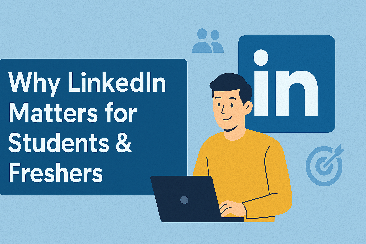 Illustration of a student using a laptop next to a large LinkedIn logo, with the headline “Why LinkedIn Matters for Students & Freshers” on a dark blue background, highlighting the importance of LinkedIn for early-career professionals.