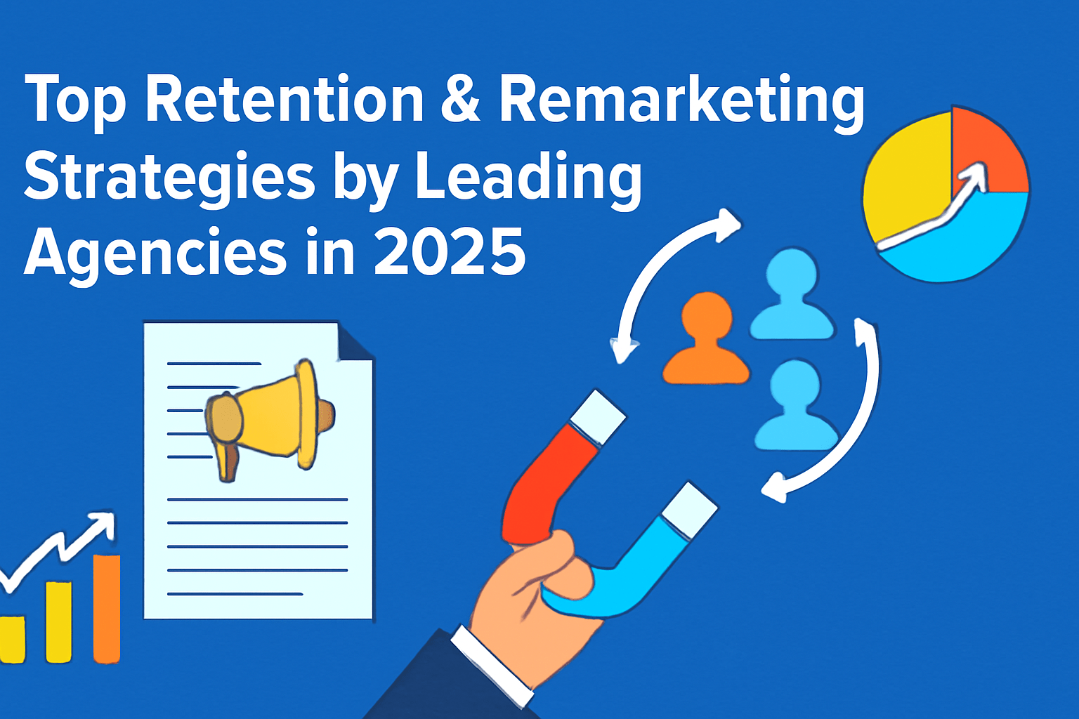 Featured image for blog on top retention and remarketing strategies in 2025, featuring a blue background with icons representing growth, marketing tactics, and customer engagement