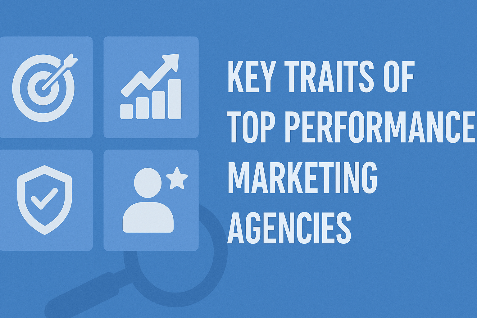 Flat-design graphic with four icons on the left representing key marketing traits—target, growth chart, shield, and user profile—and the text 'KEY TRAITS OF TOP PERFORMANCE MARKETING AGENCIES' aligned on the right, set against a blue background with a subtle magnifying glass silhouette.