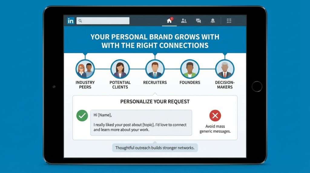 Tablet displaying a LinkedIn networking infographic showing how personal branding grows through connections like peers, clients, recruiters, founders, and decision-makers, with tips on sending personalized connection requests instead of generic messages.
