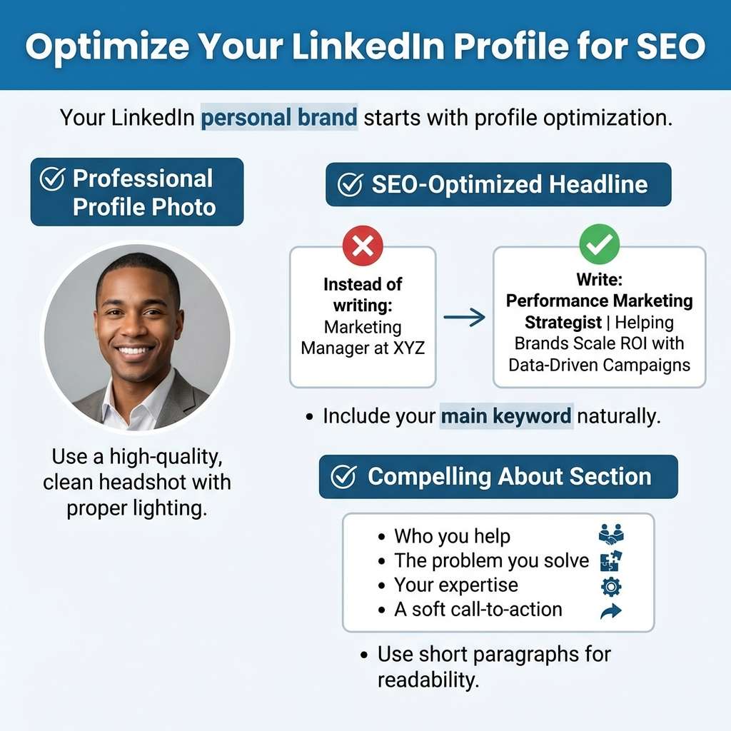 LinkedIn profile SEO tips with headline example and about section guide