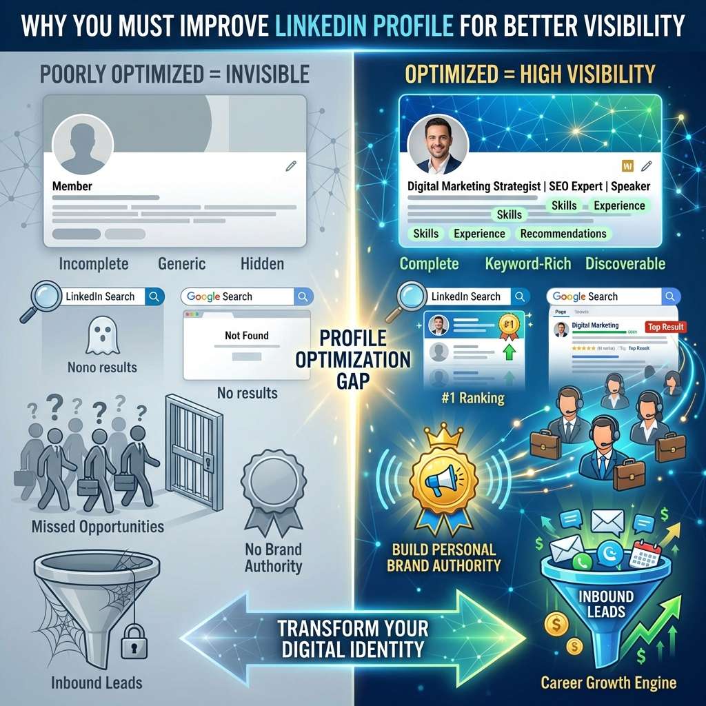Infographic comparing a poorly optimized LinkedIn profile with low visibility and missed opportunities versus an optimized, keyword-rich profile that ranks higher, builds authority, and generates inbound leads.