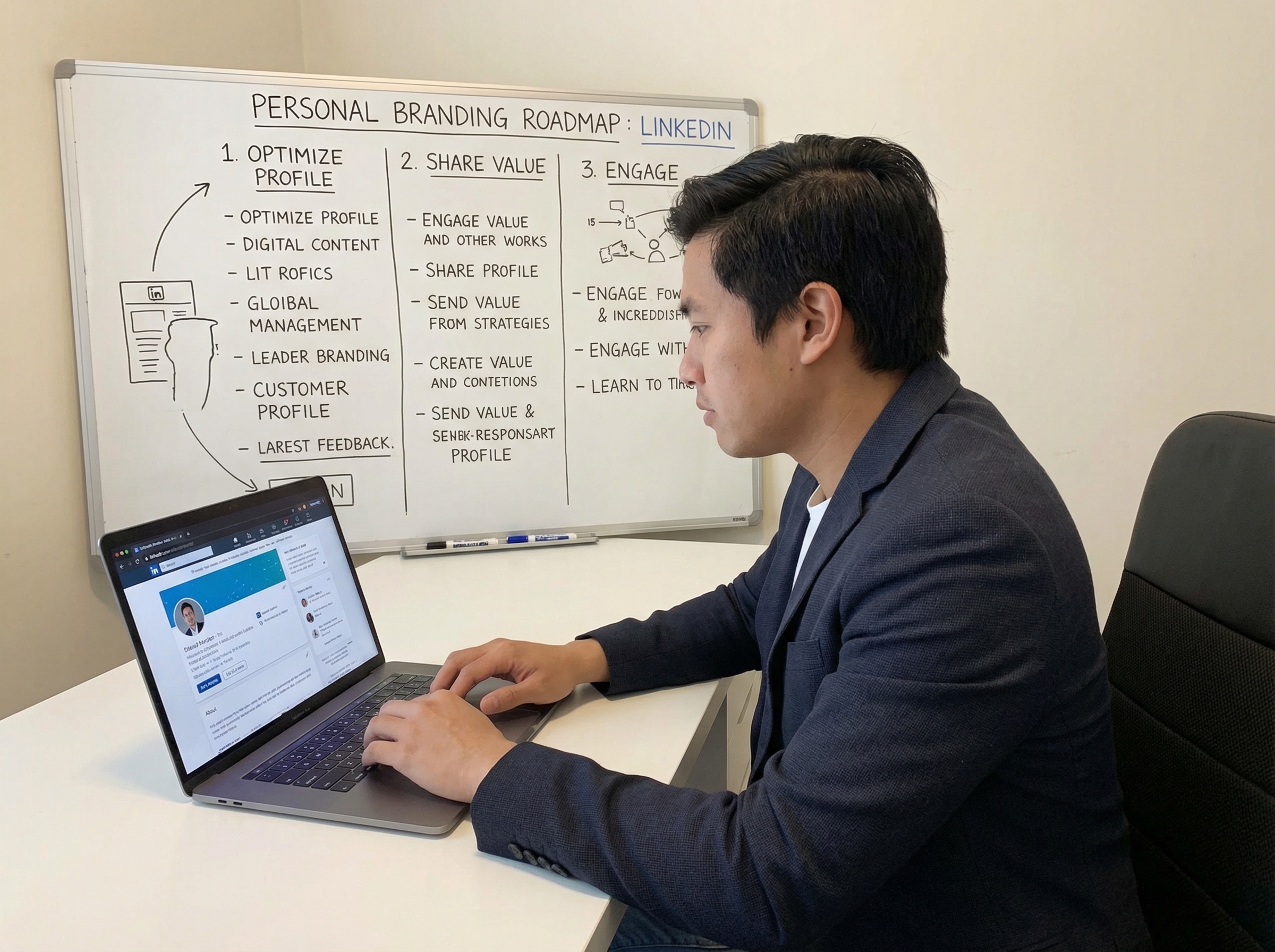 Professional working on a laptop with a whiteboard showing steps on how to create a personal brand on LinkedIn.