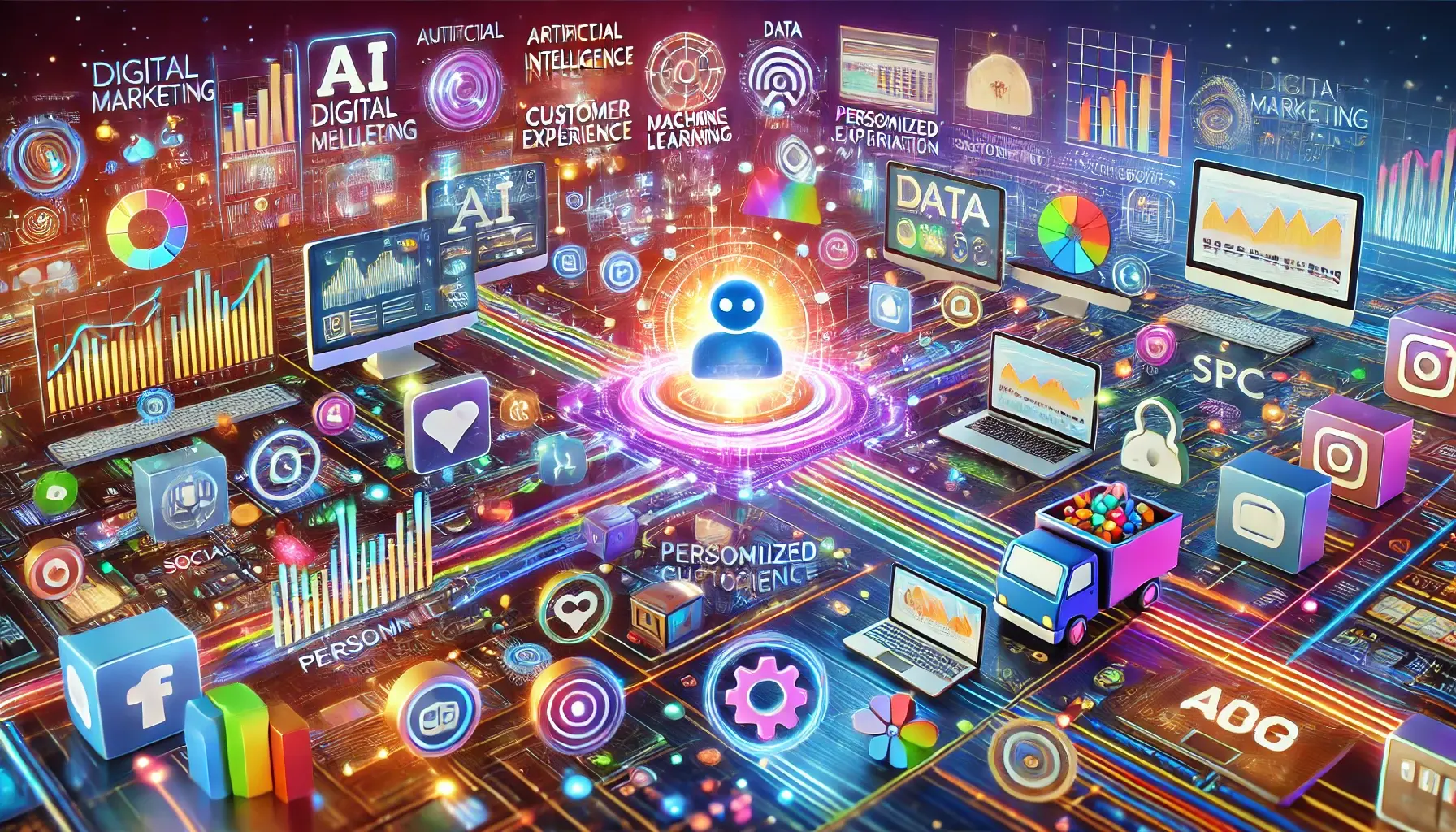 46 A Futuristic Digital Marketing Landscape With Interconnected Elements Such As illustration