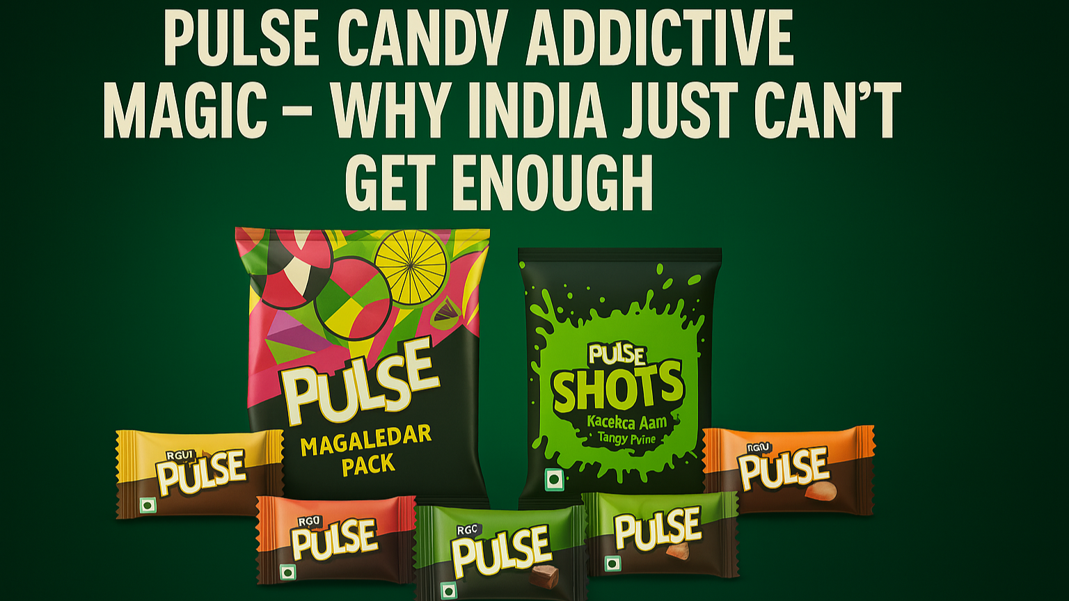 Digital advertisement for Pulse Candy titled 'PULSE CANDY ADDICTIVE MAGIC – WHY INDIA JUST CAN'T GET ENOUGH'. The image features a vibrant green background with various Pulse Candy packages displayed prominently. Each package has colorful, eye-catching designs with text above in bold, off-white letters. The scene conveys the wide variety and appeal of Pulse Candy in India.