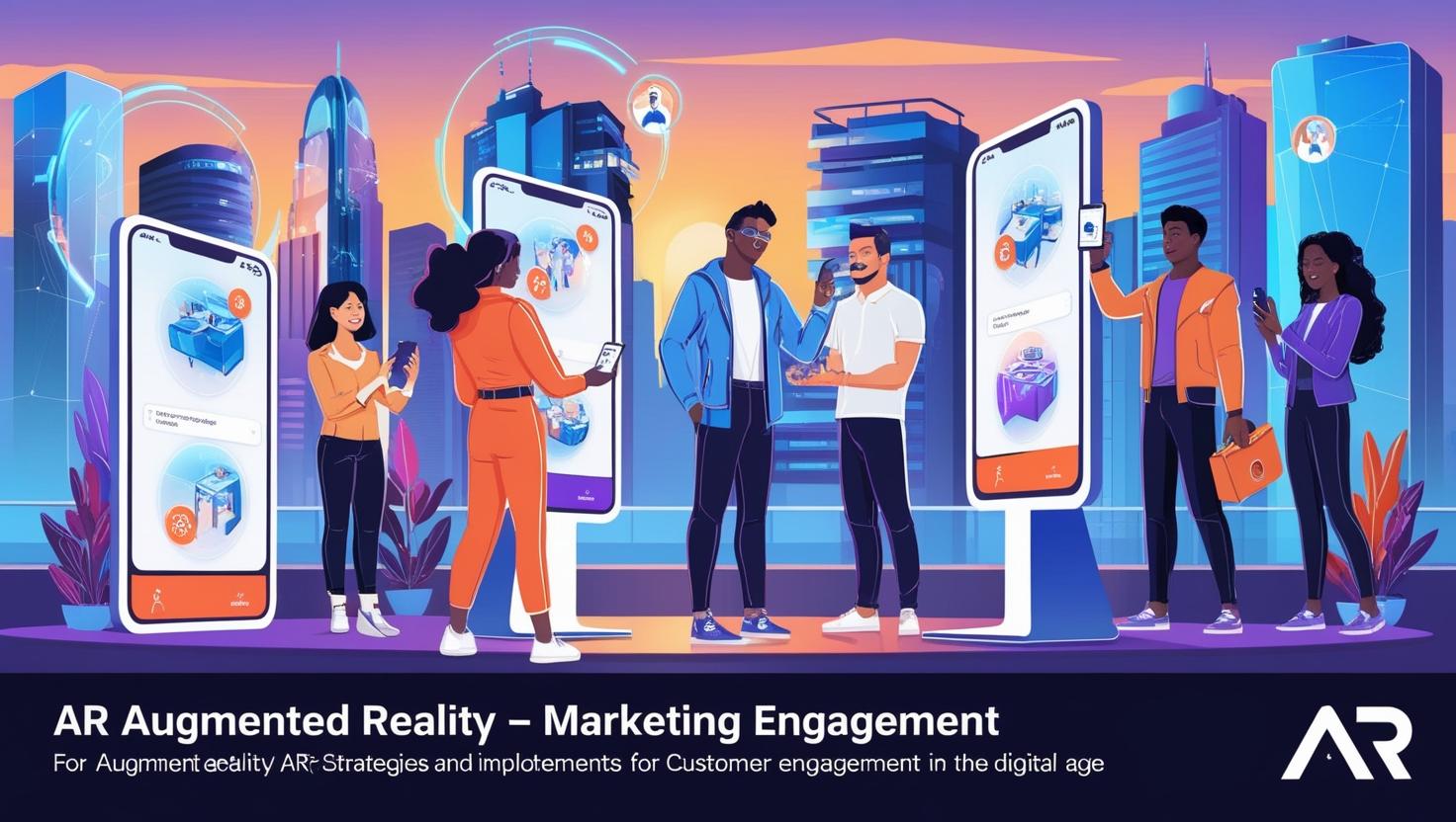 Promotional graphic for "AR Augmented Reality - Marketing Engagement." Text focuses on AR strategies and customer engagement. The letters "AR" are prominently displayed.