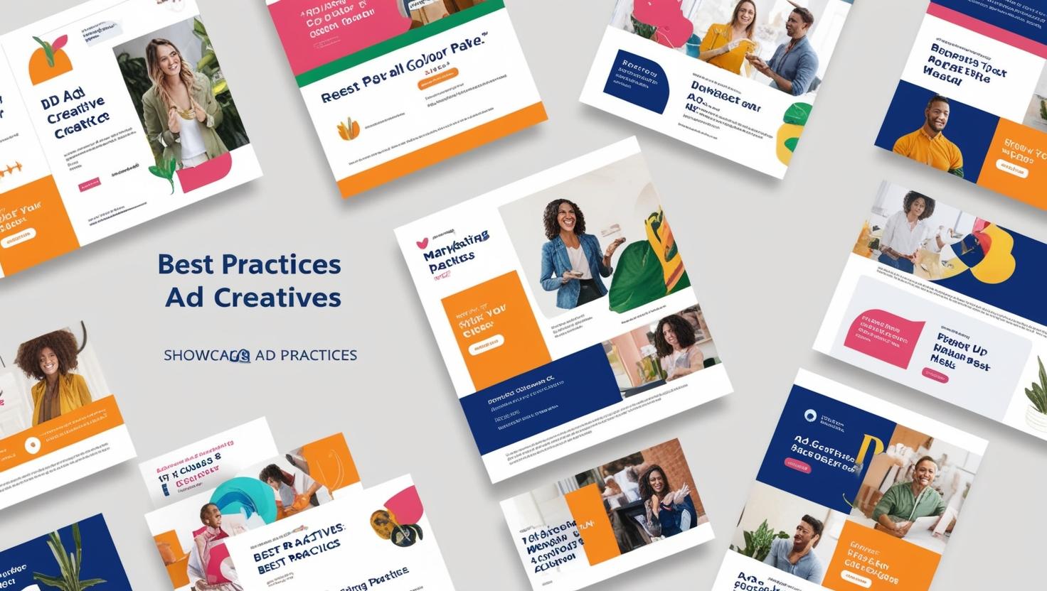 A collage showcasing various ad creative designs with vibrant colors and modern layouts, emphasizing best practices in advertising design.