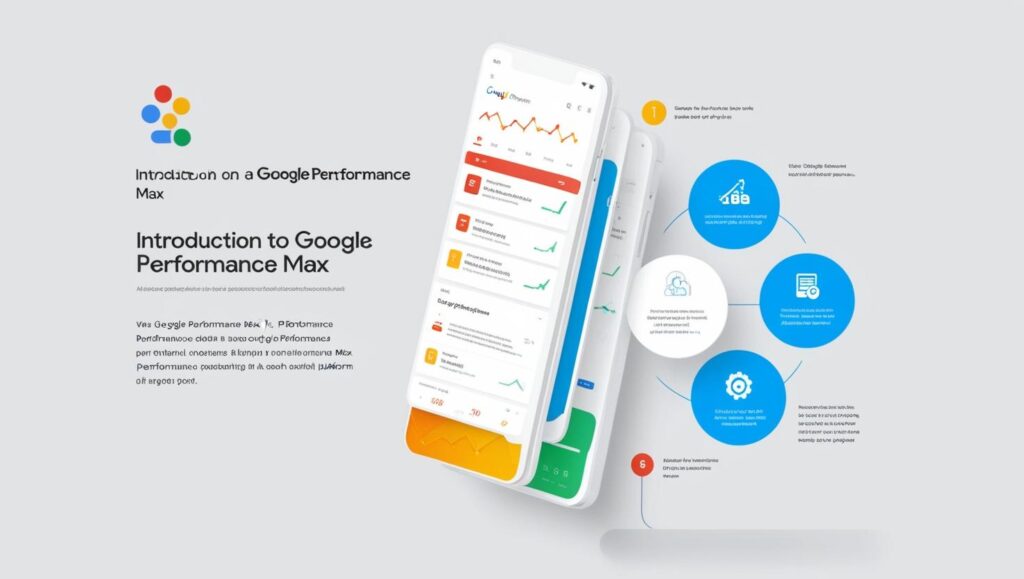 Visual introduction to Google Performance Max with mobile interface screenshots, highlighting campaign analytics, optimization features, and key benefits in a structured flowchart.