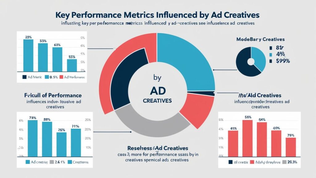 An infographic displaying the influence of ad creatives on key performance metrics, including bar graphs, pie charts, and labeled sections highlighting creative effectiveness.
