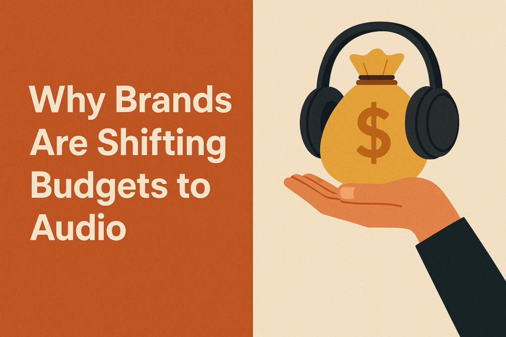 A split‑screen flat illustration:

Left side: A solid terracotta rectangle with large, off‑white text reading “Why Brands Are Shifting Budgets to Audio.”

Right side: A stylized hand in an orange sleeve holds up a gold money bag marked with a dollar sign, over which hangs a pair of dark gray over‑ear headphones, all set against a light beige, lightly speckled background.