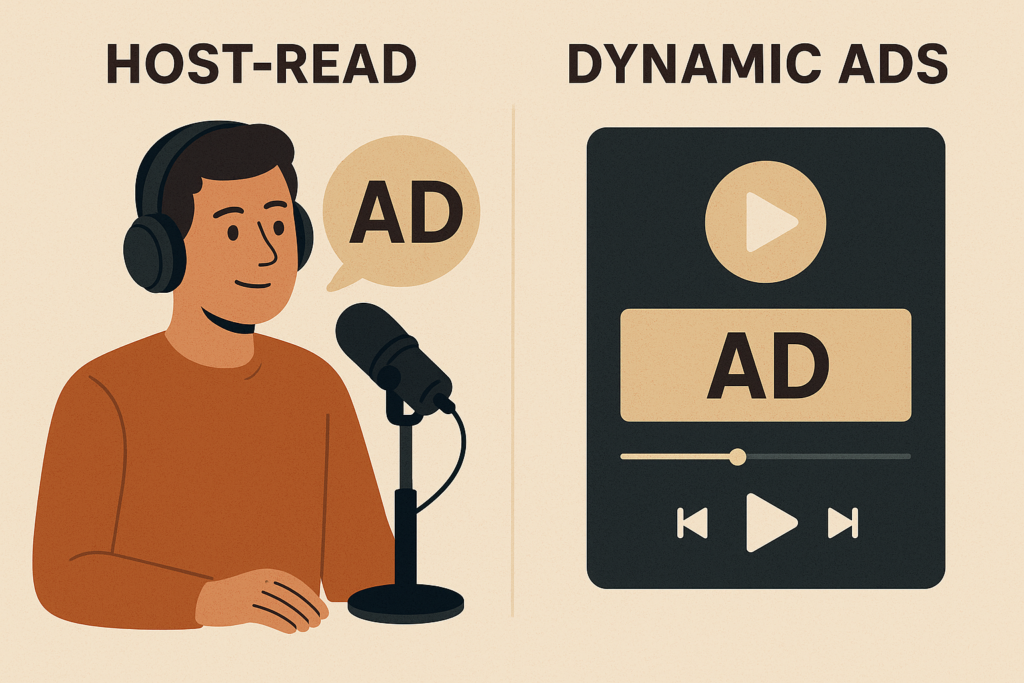 Split-screen illustration on a speckled beige background. Left panel labeled “HOST‑READ” shows a smiling podcast host wearing black over‑ear headphones, seated behind a microphone with one hand on the table. A speech bubble containing “AD” floats beside the host’s head. A thin vertical line separates the panels. Right panel labeled “DYNAMIC ADS” depicts a stylized digital audio player interface: a large play button icon at top, a rectangular ad banner labeled “AD” in the middle, a progress slider beneath it, and playback controls (previous, play, next) at the bottom.