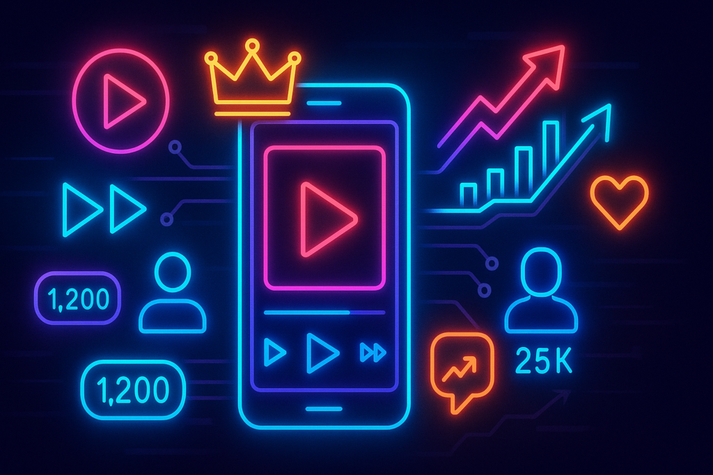 Neon-style illustration on a dark, grid-patterned background featuring a glowing smartphone playing a short-form video. Surrounding the phone are neon icons—play and fast-forward buttons, a crown at the top, viewer count bubbles reading ‘1,200,’ a user silhouette with ‘25K,’ a heart like icon, and ascending bar and line graphs—highlighting the dominance of short-form video content.
