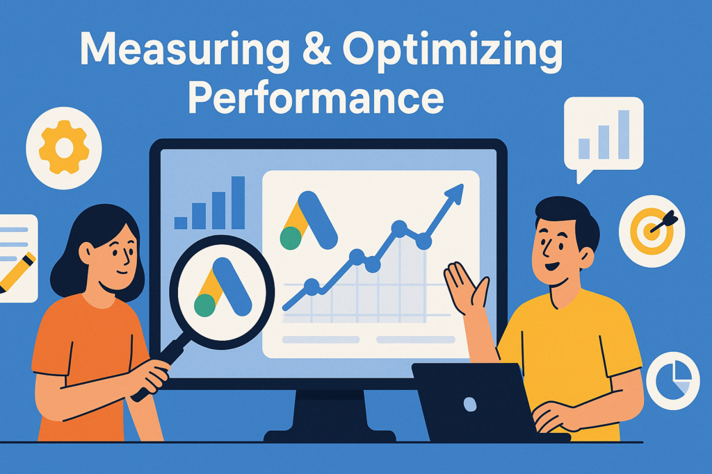 A flat-style digital illustration on a blue background titled “Measuring & Optimizing Performance.” Centered is a large computer monitor showing an upward-trending line graph with the Google Ads logo. To the left, a woman holds a magnifying glass over the screen; to the right, a man points at the graph while seated at a laptop. Surrounding them are icons for a gear, target, pie chart, and bar chart within speech bubbles, symbolizing analysis and optimization tools.