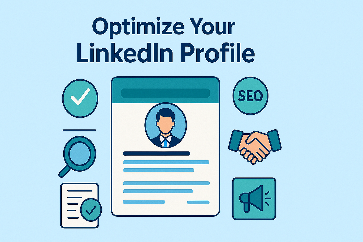 A widescreen 16:9 digital illustration on a pale blue background. At the top center, bold navy text reads “Optimize Your LinkedIn Profile.” Below, a large stylized LinkedIn profile card with a teal header features a circular avatar of a man in business attire and lines representing text. To the left of the card are icons of a teal checkmark inside a circle, a magnifying glass, and a document with a checkmark. To the right are icons of a teal “SEO” badge, a handshake, and a laptop screen showing a rising bar chart. All elements are rendered in flat vector style with a cohesive blue and teal color palette.