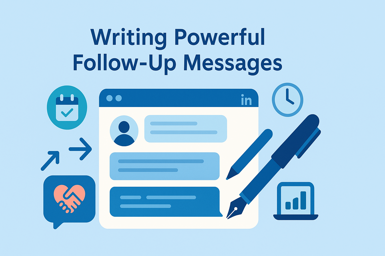 A widescreen 16:9 flat-style illustration on a pale blue background. At the top, bold navy text reads “Writing Powerful Follow-Up Messages.” Centered is a stylized LinkedIn chat window showing three message bubbles. To the right, a large fountain pen and a smaller pen icon suggest writing. Surrounding the chat window are icons: a calendar with a checkmark, a clock, a rising bar chart on a laptop, bidirectional arrows, and a blue speech bubble with a red heart-shaped handshake. All elements use a cohesive palette of blues, teals, and soft neutrals.