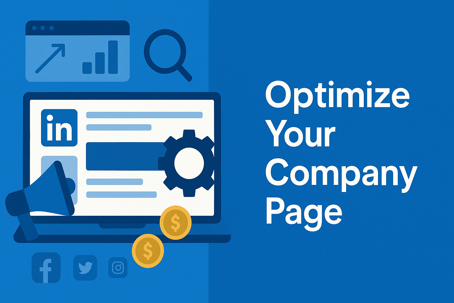 A flat-design illustration divided vertically: on the left, a stylized laptop screen showing a LinkedIn company page with a settings gear, megaphone icon, and coin symbols at the base, plus small social media icons along the bottom; on the right, bold white text on a blue background reads “Optimize Your Company Page.”

