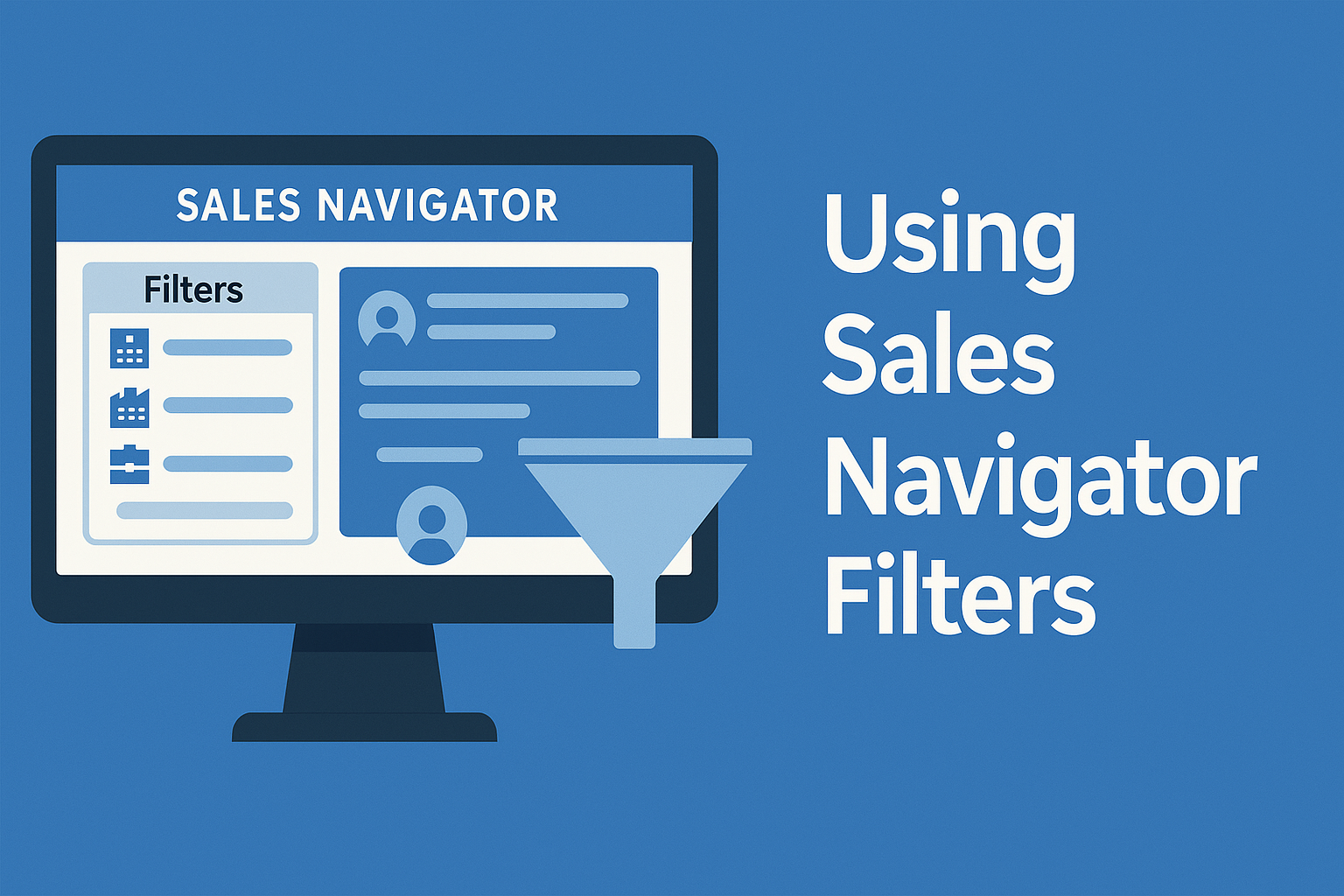 On a blue background, the left two-thirds show a dark-gray desktop monitor displaying LinkedIn’s Sales Navigator interface with a “Filters” sidebar, profile cards, and a large light-blue funnel icon overlaid at the bottom. On the right, bold white text reads “Using Sales Navigator Filters.”