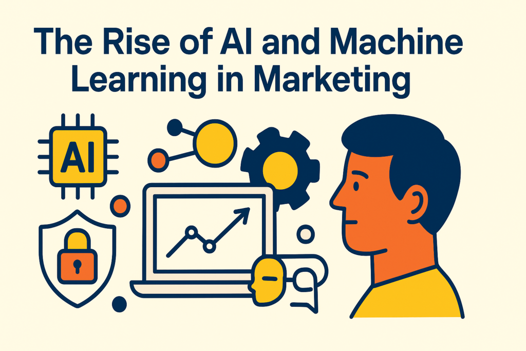 A wide 16:9 flat-style illustration on a warm cream background. At the top, bold navy-blue text reads “The Rise of AI and Machine Learning in Marketing.” Below and to the left are a series of interconnected icons— a yellow “AI” microchip outlined in navy, a cluster of navy and yellow network nodes, a navy gear with a yellow center, and a navy shield bearing an orange padlock—arranged around a navy-outlined laptop displaying a yellow screen with a rising line chart and arrow. On the right, a side-profile of a person with orange skin and a yellow shirt, outlined in navy, looks toward the tech icons, tying together the human and machine elements.