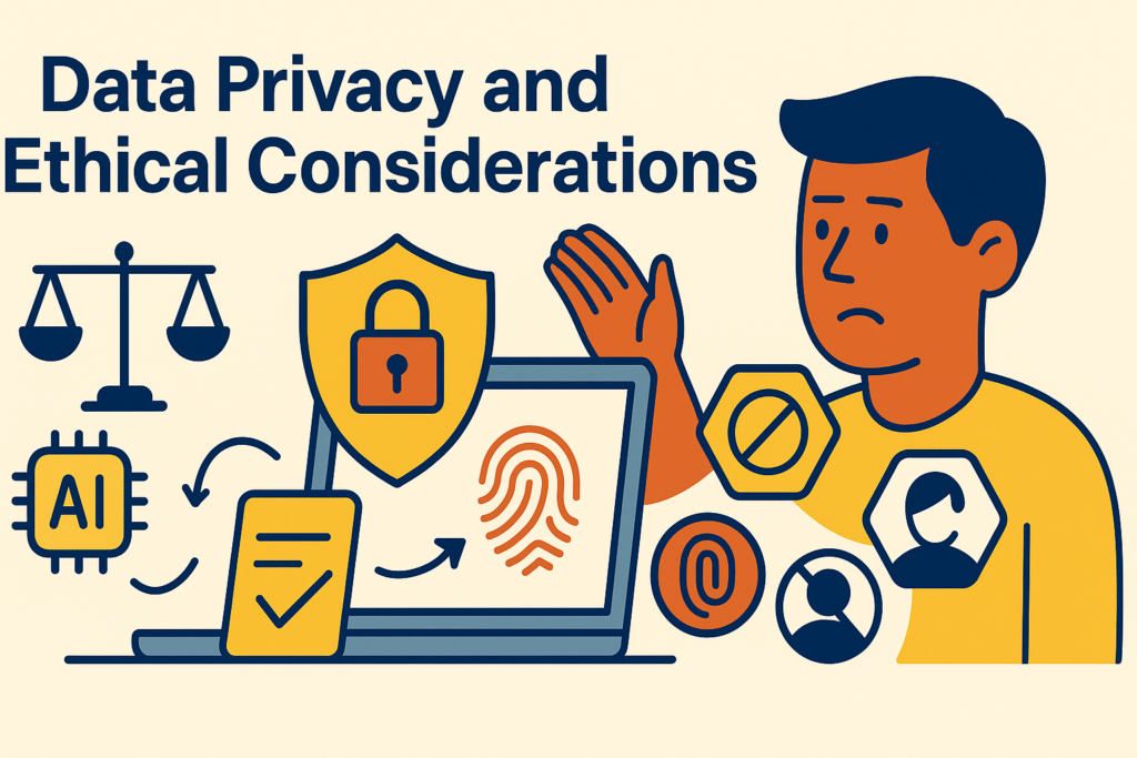 A wide 16:9 flat-style illustration on a warm cream background. At top left, bold navy-blue text reads “Data Privacy and Ethical Considerations.” Below, centered on the left, is a laptop outlined in navy with a yellow screen showing an orange fingerprint and arrows pointing between it and a yellow compliance checklist icon. Above the laptop floats a large yellow shield bearing an orange padlock. To the far left sits a navy balance scale icon. On the right, an orange-skinned figure outlined in navy raises a hand in caution, surrounded by floating hexagons depicting a prohibited sign, user avatars, and other privacy symbols—each in navy, yellow, and orange—tying together themes of security, consent, and ethical responsibility.