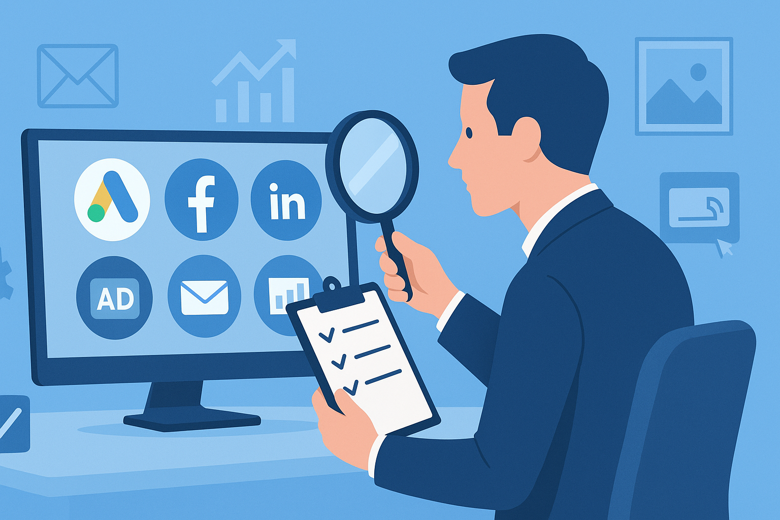A flat-style digital illustration of a business professional in a navy suit seated at a desk, holding a magnifying glass in one hand and a clipboard with checkboxes in the other, as he examines a computer monitor displaying circular icons for Google Ads, Facebook, LinkedIn, email marketing, and an ad performance chart; faint outlines of an envelope, rising bar graph, image icon, and cursor-activated ad float in the light blue background.