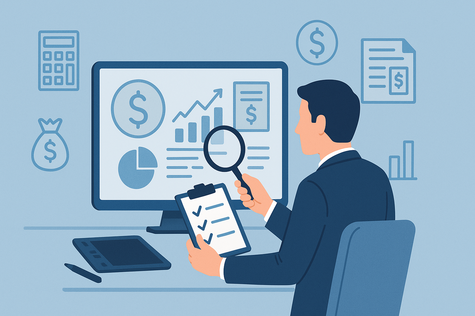 A flat-style digital illustration of a business professional in a navy suit seated at a desk, holding a magnifying glass in one hand and a clipboard with checkmarks in the other, as he studies a computer monitor displaying a large dollar-sign icon, a rising bar graph, a pie chart, and a pricing document; floating around him are additional faint icons of a calculator, a money bag, and a financial report, all set against a soft blue background.