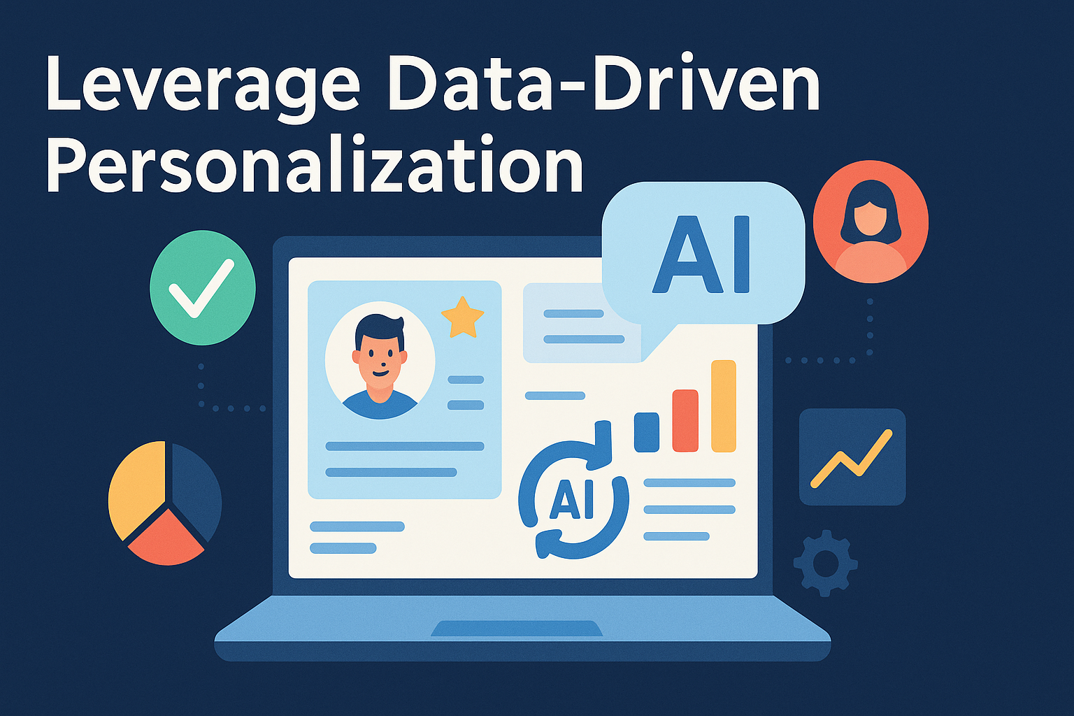 A dark-blue–background illustration of a laptop screen showing a personalized dashboard: on the left of the screen is a profile card with a user avatar and text lines, and on the right are colorful bar and line charts alongside an “AI” speech bubble. Above the laptop, large white text reads “Leverage Data-Driven Personalization.” Around the laptop float icons: a green checkmark at left, an orange user avatar at top right, a pie chart at bottom left, a small upward-trend graph at right, and a gear icon at bottom right, all connected by dotted lines.