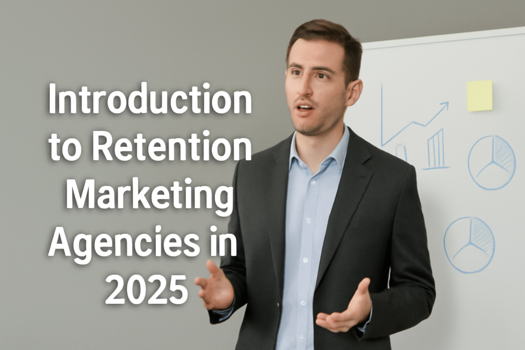 Introduction to Retention Marketing Agencies in 2025" in a professional office setting. Behind him is a whiteboard with hand-drawn charts, and soft, natural light illuminates the scene. The bold white text is positioned on the left side of the image, highlighting the presentation title.