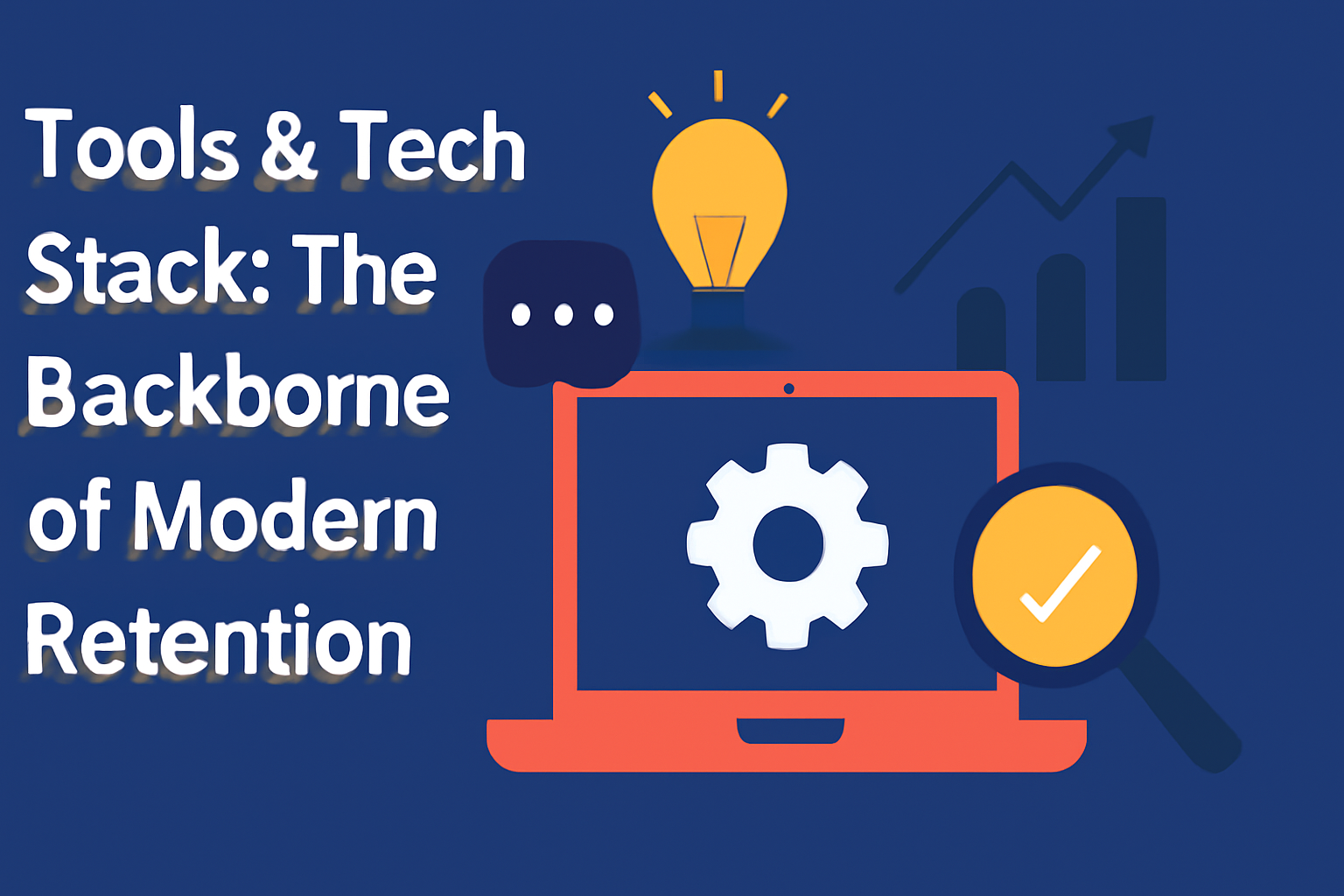 A digital illustration featuring the title "Tools & Tech Stack: The Backbone of Modern Retention" in bold white letters on a dark blue background. On the right side of the image, a red-orange laptop displays a gear icon on its screen. Surrounding the laptop are icons representing modern tech, including a yellow lightbulb, a magnifying glass with a checkmark, and a growth chart. The design is minimalist and conveys the importance of technology in modern retention marketing.