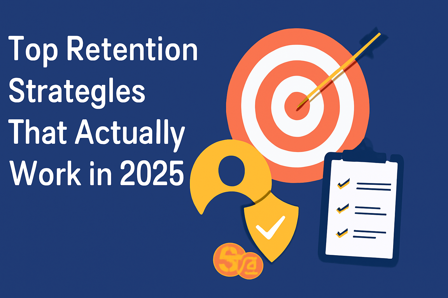 A digital illustration featuring the title "Top Retention Strategies That Actually Work in 2025" in bold white text on a deep blue background. To the right, four icons represent key retention strategies: a red-orange target with a yellow arrow, a yellow circle framing a person’s silhouette, a shield with a checkmark, and a clipboard with checkmarks and coins. The color palette of blue, yellow, and red creates a cohesive and dynamic design.