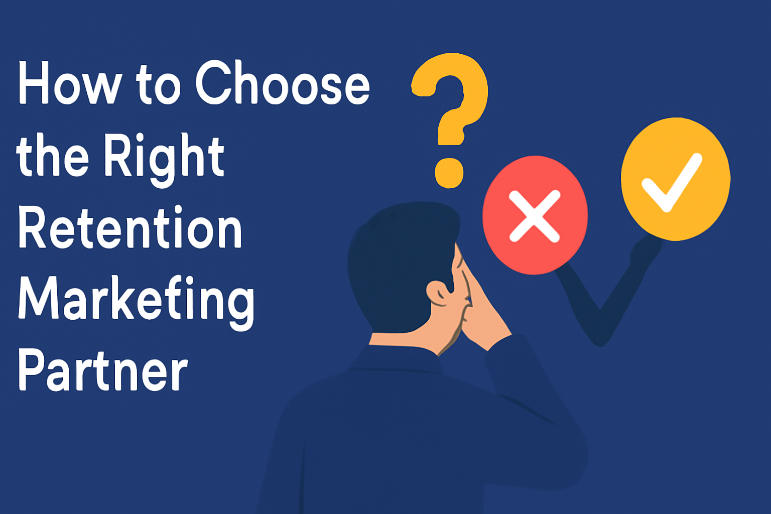A digital illustration featuring the title "How to Choose the Right Retention Marketing Partner" in bold white text on a deep blue background. To the right, a man in a dark suit is shown with his hand on his chin, pondering. Surrounding him are decision icons: a red "X" and a yellow checkmark, symbolizing choices. A question mark is also visible, enhancing the theme of decision-making. The design uses a cohesive blue, red, and yellow color scheme.