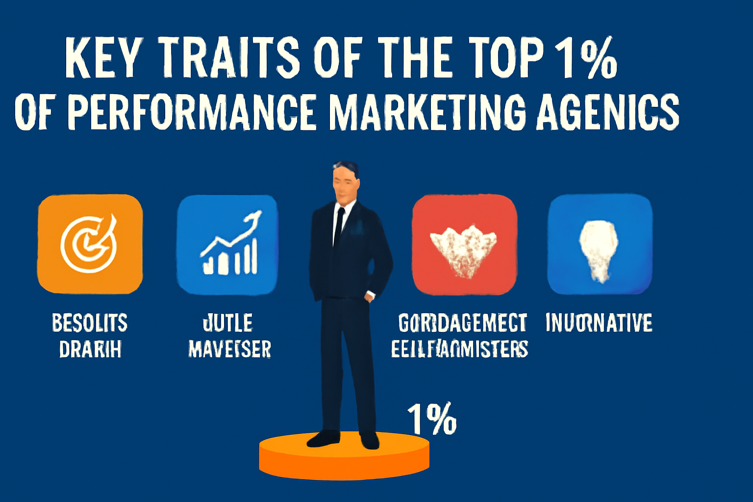 Infographic highlighting the key traits of the top 1% of performance marketing agencies. The design features a professional figure standing on a golden platform with four icons representing the traits: Results-Driven, Data-Focused, Strong Client Relationships, and Innovative. Each trait is labeled beneath its corresponding icon, set against a navy-blue background with bold white text at the top.